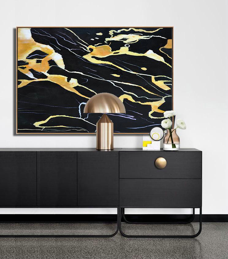 Handmade Large Painting,Hand Painted Oversized Horizontal Abstract Marble Art On Canvas,Huge Abstract Canvas Art,Earthy Yellow ,Black,White.etc